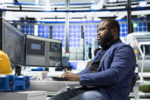 African american sustainability specialist inspecting a solar panel factory,